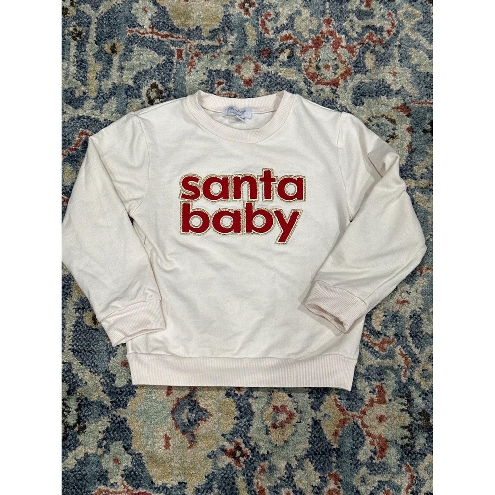 Sterling Baby Sweatshirt Girls 4T Cream Santa Baby Chenille Patch EUC